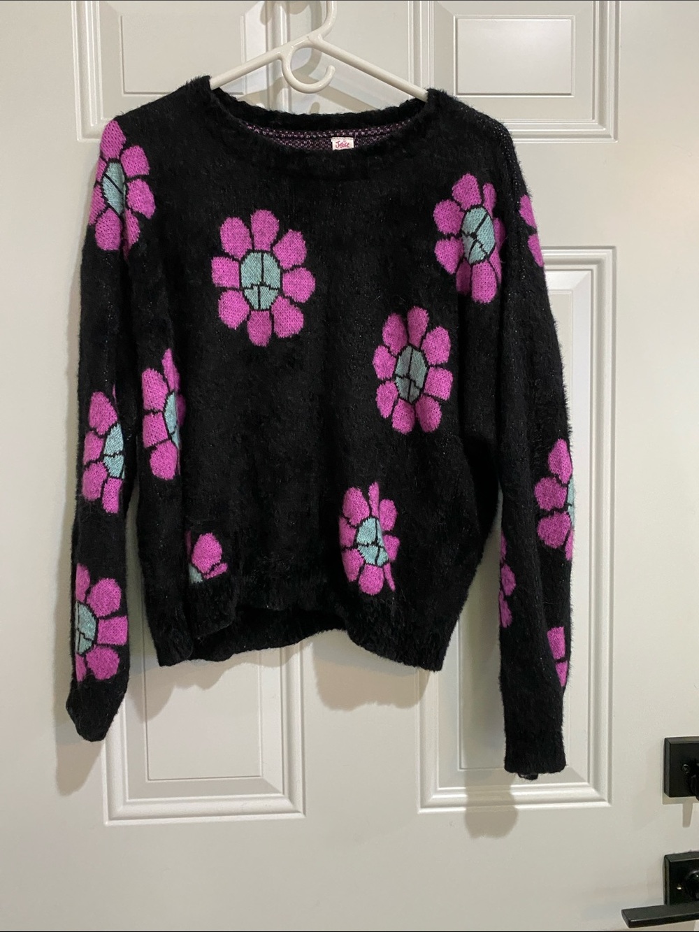 Justice Black Fuzzy Crewneck Sweater with Pink & Teal Flower Motifs